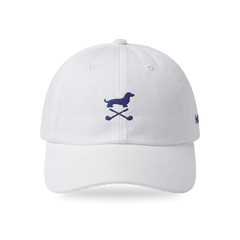 Club Mark Dachshund Golf Cap in White Navy, front view, SitHappens