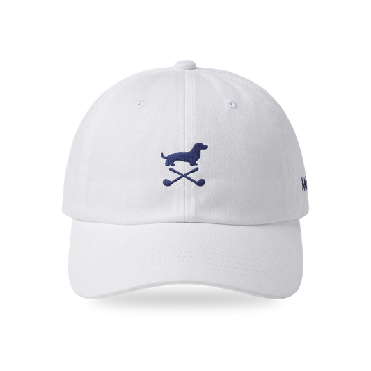 Club Mark Dachshund Golf Cap in White Navy, front view, SitHappens