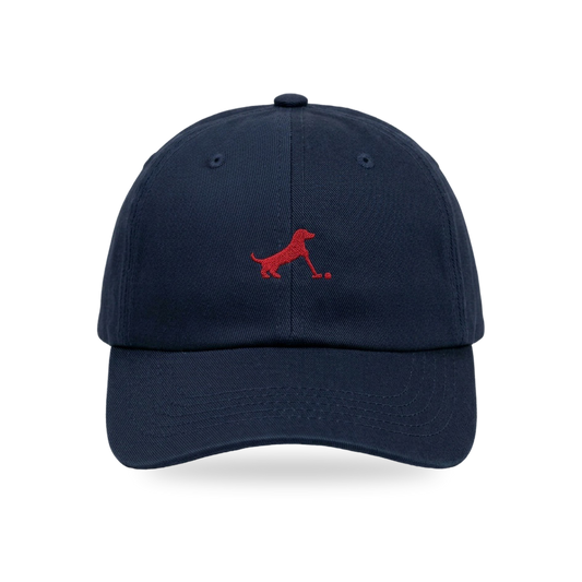 Putting Dachshund Golf Cap in Navy Burgundy, front view, SitHappens