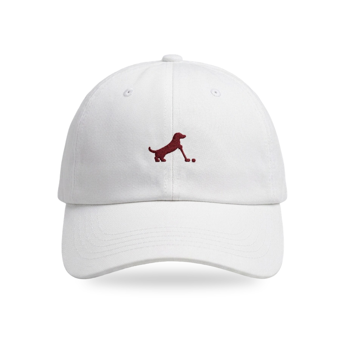 Putting Dachshund Golf Cap in White Burgundy, front view, SitHappens