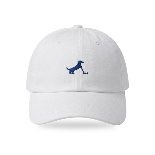 Putting Dachshund Golf Cap in White Navy, front view, SitHappens