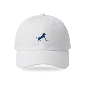 Putting Dachshund Golf Cap in White Navy, front view, SitHappens
