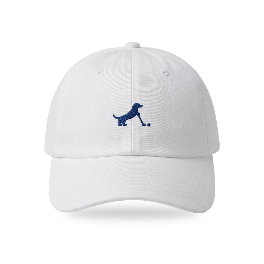 Putting Dachshund Golf Cap in White Navy, front view, SitHappens