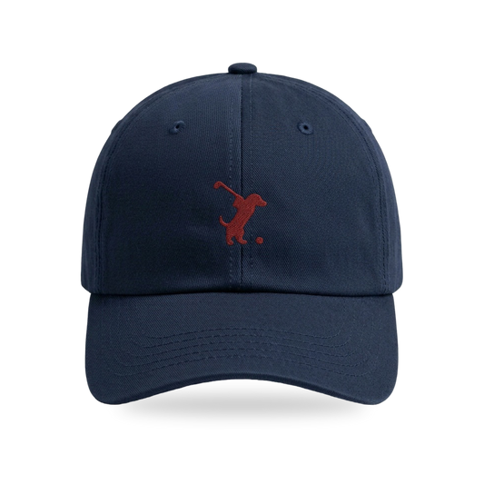 Swing Dachshund Golf Cap in Navy Burgundy, front view, SitHappens