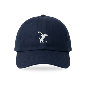 Swing Dachshund Golf Cap in Navy White, front view, SitHappens