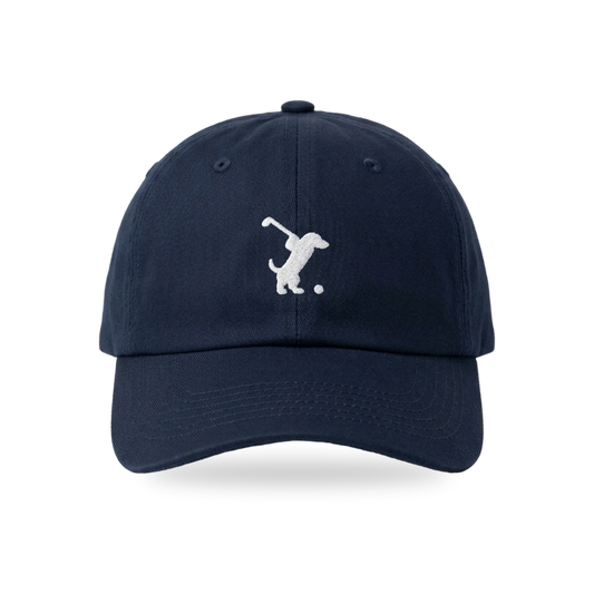 Swing Dachshund Golf Cap in Navy White, front view, SitHappens