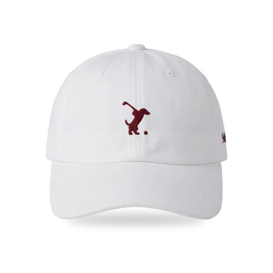 Swing Dachshund Golf Cap in White Burgundy, front view, SitHappens
