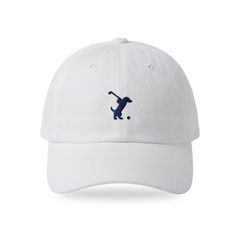 Swing Dachshund Golf Cap in White Navy, front view, SitHappens