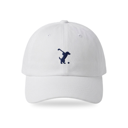 Swing Dachshund Golf Cap in White Navy, front view, SitHappens