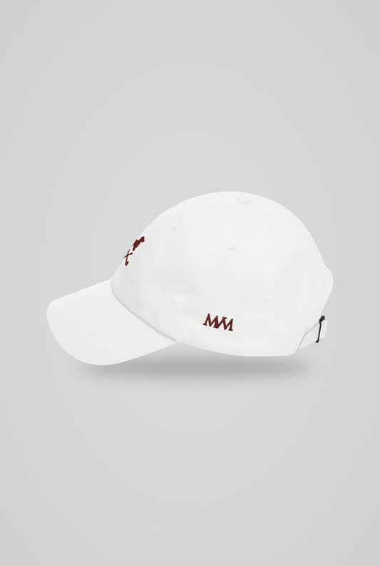 Club Mark Dachshund Golf Cap in White Burgundy, side view with MVM monogram, SitHappens