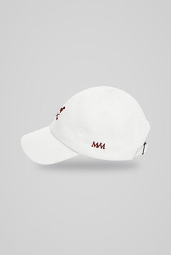Club Mark Dachshund Golf Cap in White Burgundy, side view with MVM monogram, SitHappens