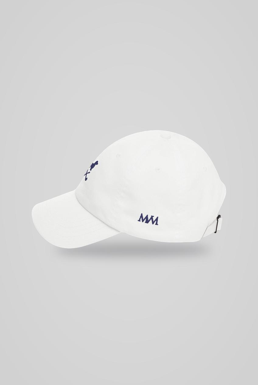Club Mark Dachshund Golf Cap in White Navy, side view with MVM monogram, SitHappens