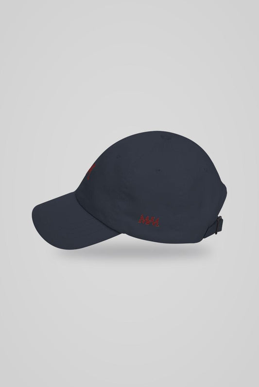 Putting Dachshund Golf Cap in Navy Burgundy, side view with MVM monogram, SitHappens