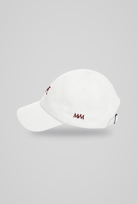Putting Dachshund Golf Cap in White Burgundy, side view with MVM monogram, SitHappens