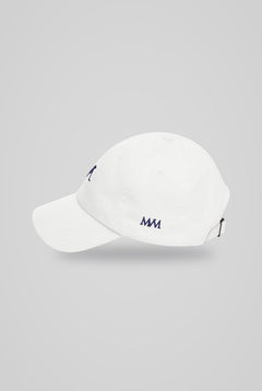 Putting Dachshund Golf Cap in White Navy, side view with MVM monogram, SitHappens