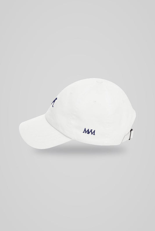 Putting Dachshund Golf Cap in White Navy, side view with MVM monogram, SitHappens