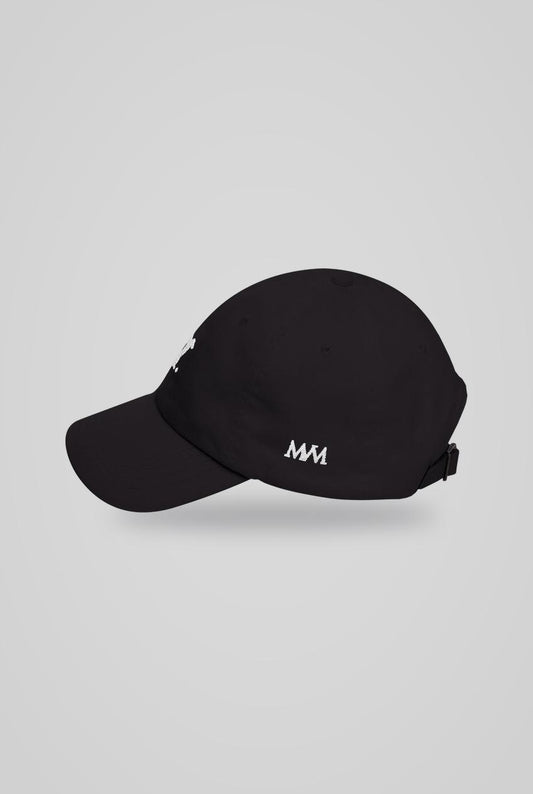 Swing Dachshund Golf Cap in Black White, side view with MVM monogram, SitHappens