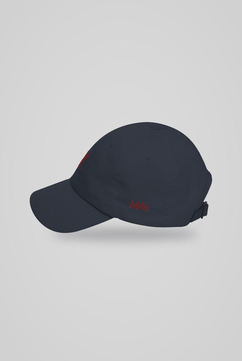 Swing Dachshund Golf Cap in Navy Burgundy, side view with MVM monogram, SitHappens