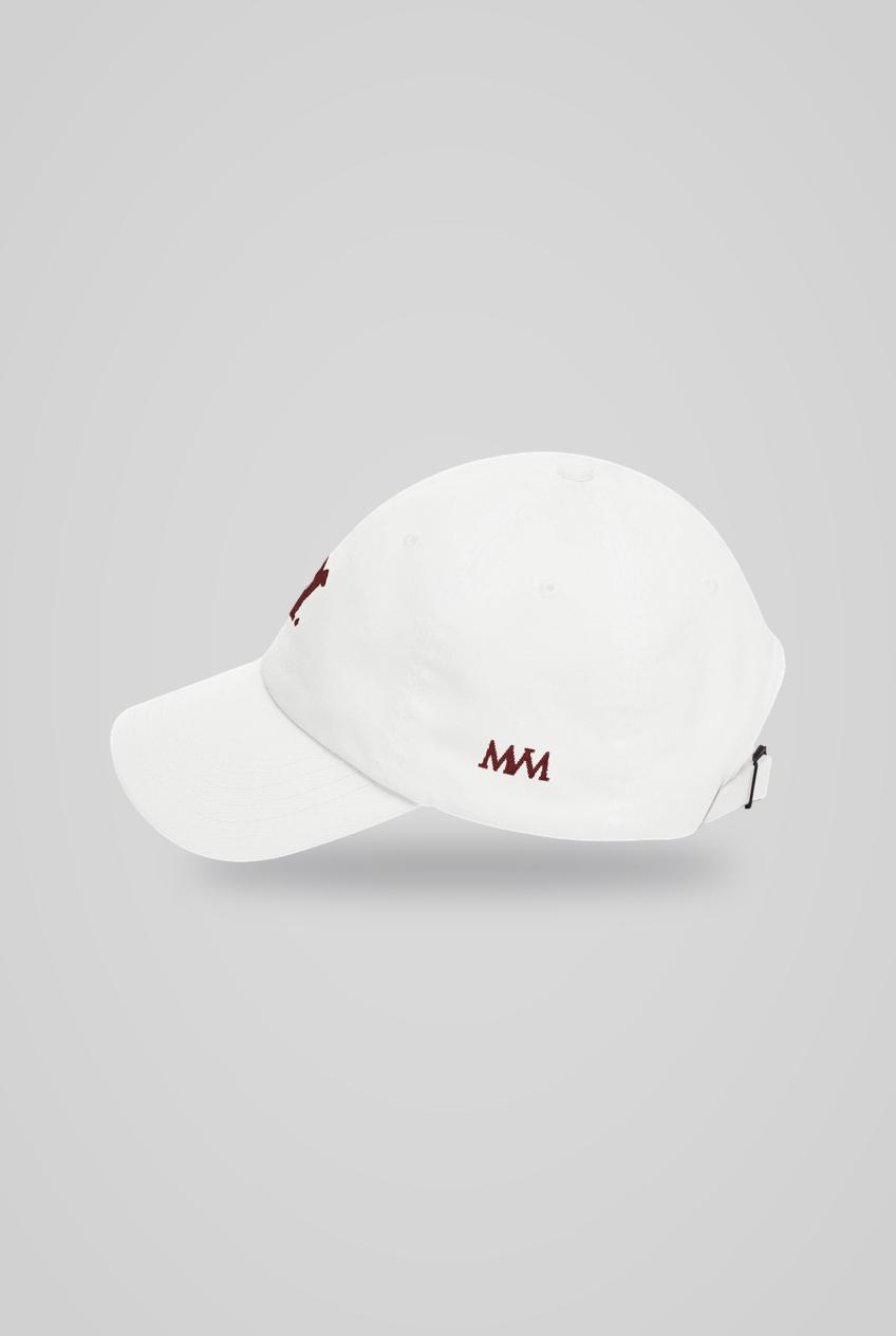 Swing Dachshund Golf Cap in White Burgundy, side view with MVM monogram, SitHappens