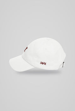 Swing Dachshund Golf Cap in White Burgundy, side view with MVM monogram, SitHappens