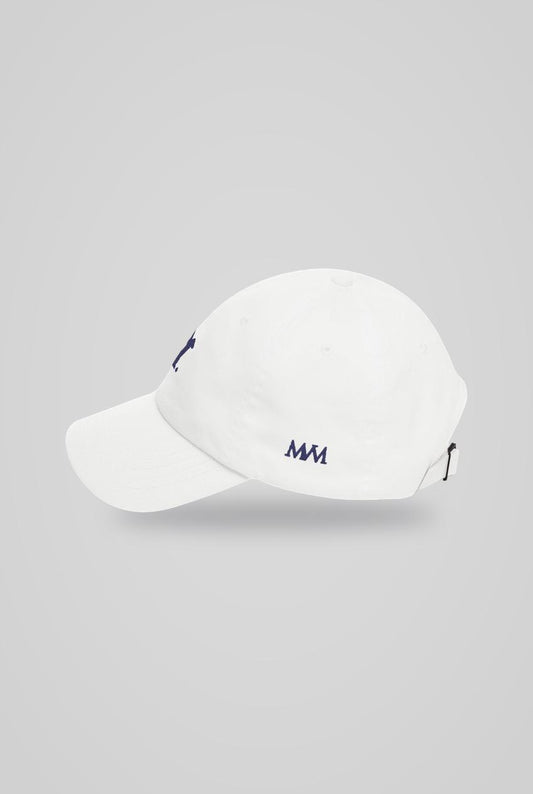 Swing Dachshund Golf Cap in White Navy, side view with MVM monogram, SitHappens