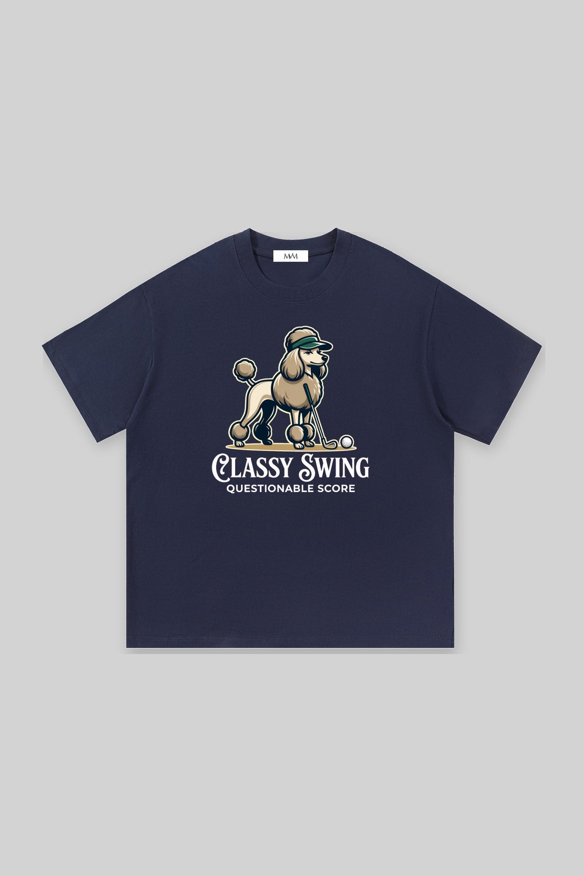 Classy Swing Poodle Golf Tee in navy, front view