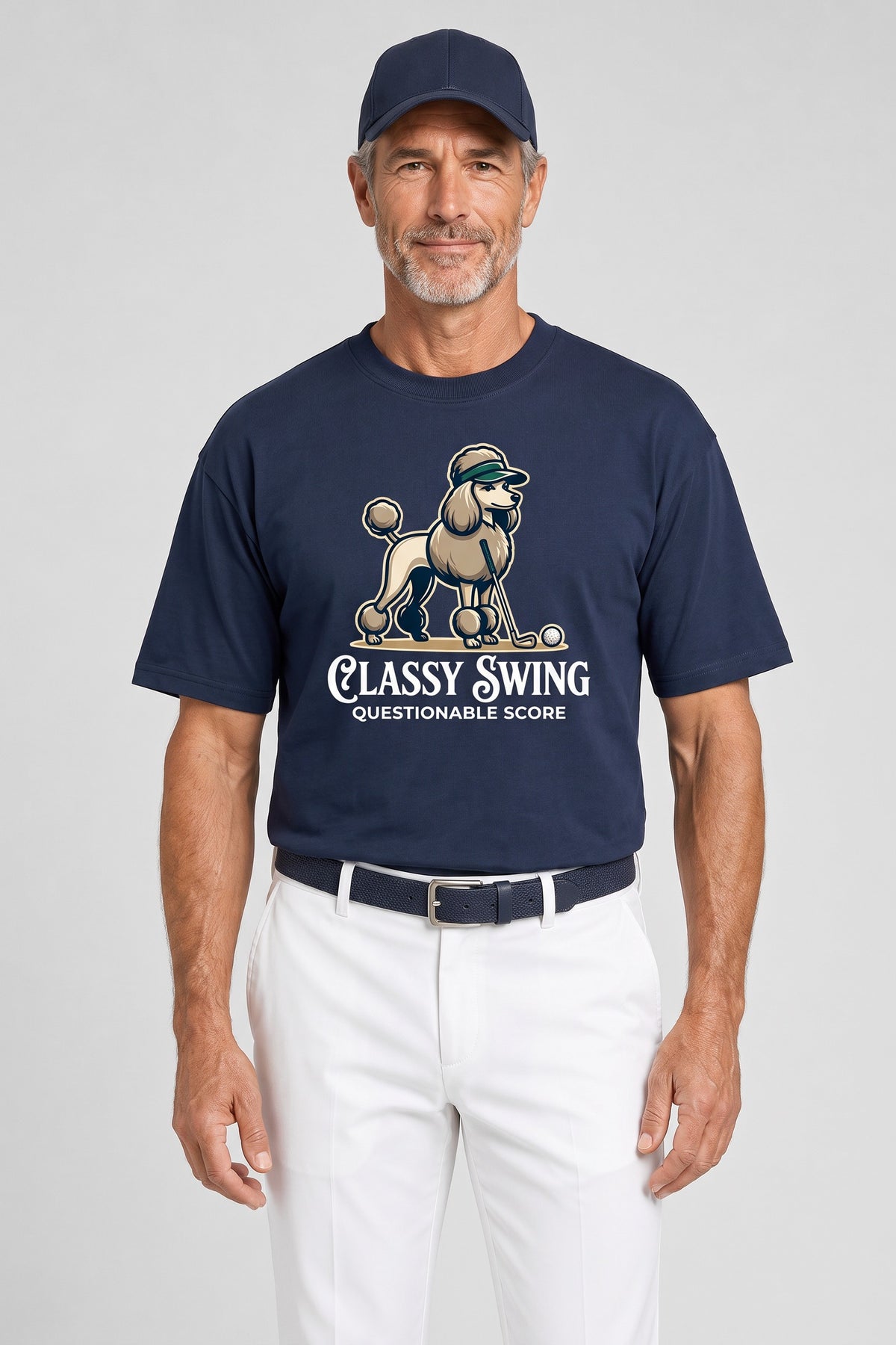 Man wearing the Classy Swing Poodle Golf Tee in navy