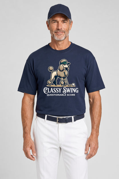 Man wearing the Classy Swing Poodle Golf Tee in navy