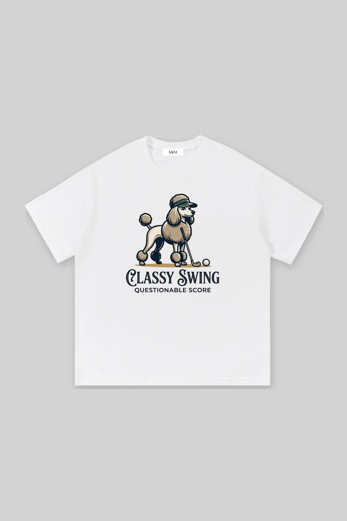 Classy Swing Poodle Golf Tee in white, front view. Color: White