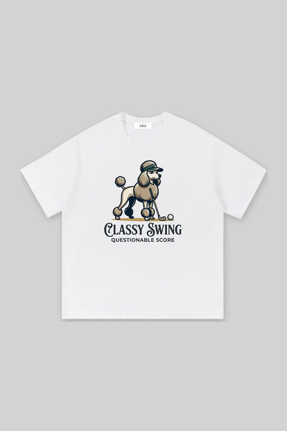 Classy Swing Poodle Golf Tee in white, front view. Color: White