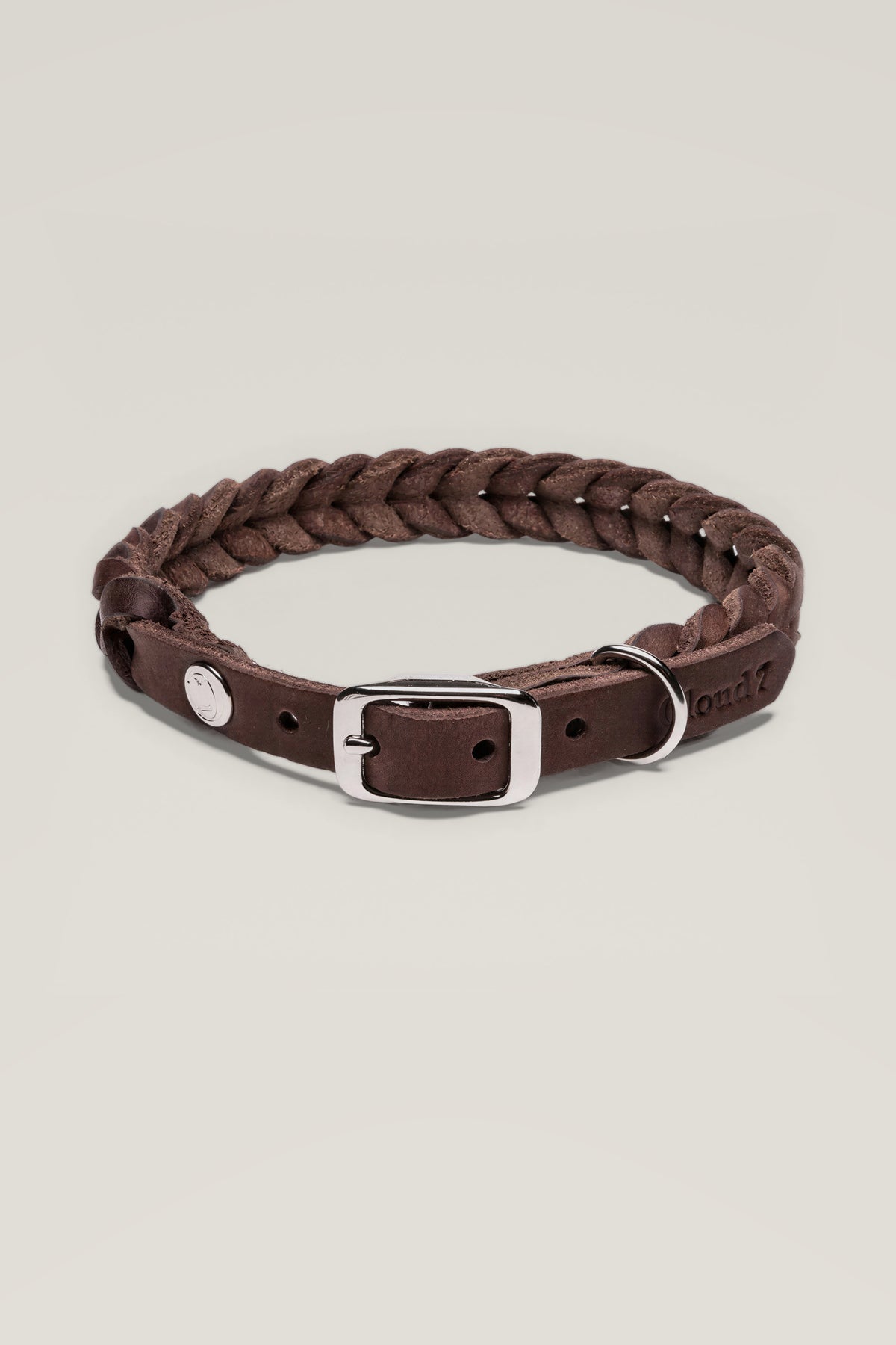 Cloud 7 Central Park braided leather dog collar in brown with stainless steel buckle and D-ring