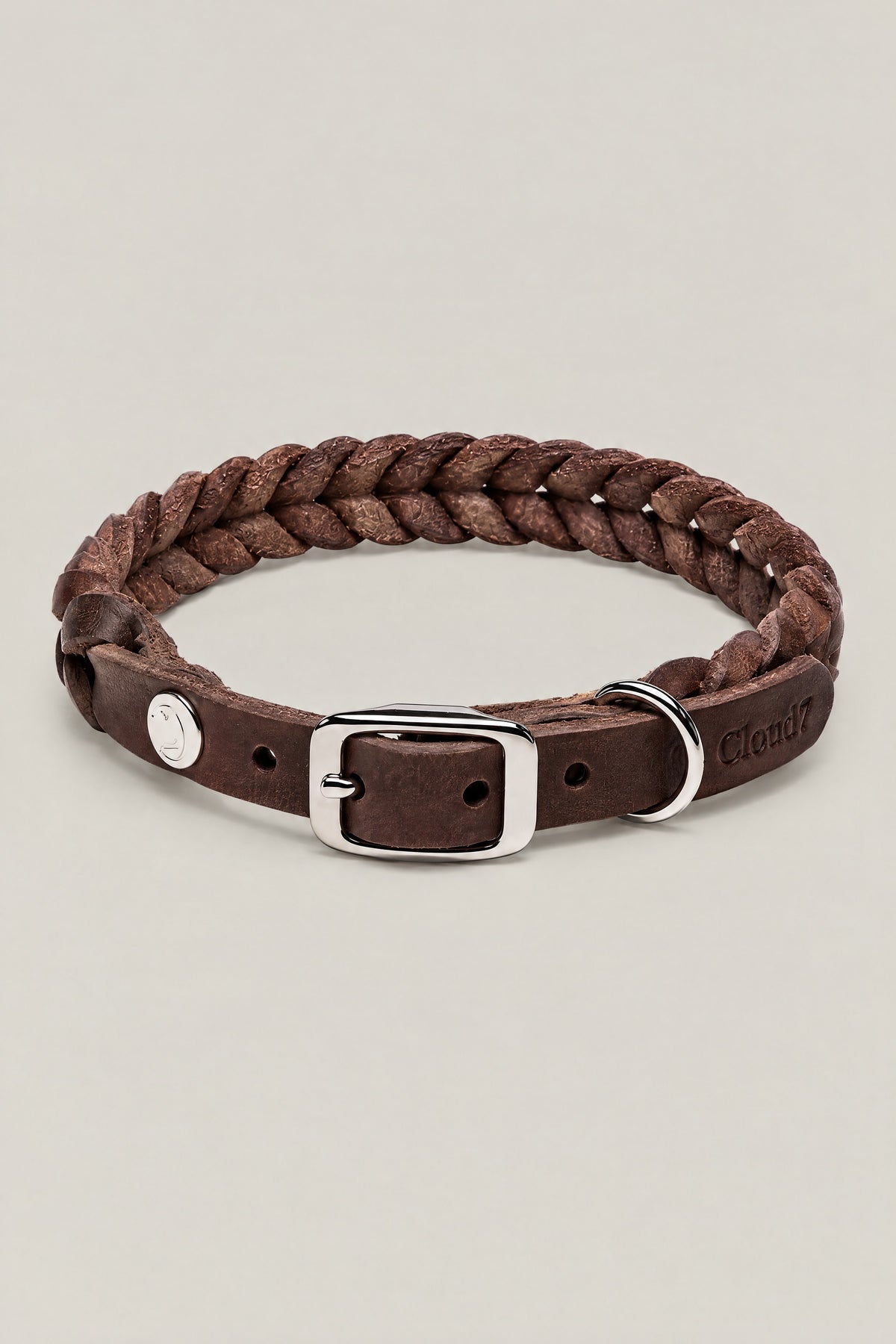 Brown braided leather Cloud 7 Central Park dog collar with stainless steel buckle, front view