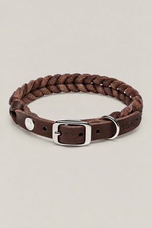 Brown braided leather Cloud 7 Central Park dog collar with stainless steel buckle, front view
