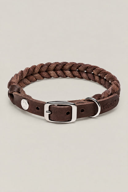 Brown braided leather Cloud 7 Central Park dog collar with stainless steel buckle, front view