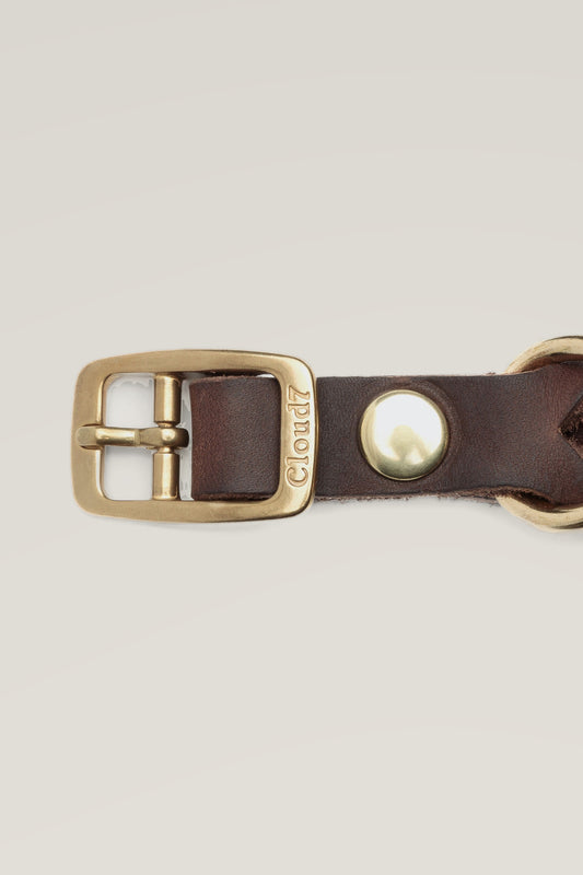 Solid brass buckle and rivet of the Cloud 7 Central Park Saddle Brown Gold leather dog collar, close-up
