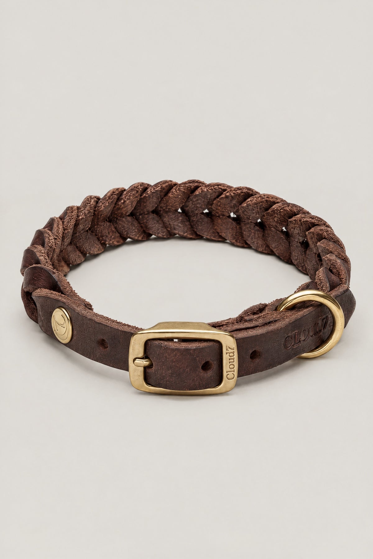 Dark brown braided leather Cloud 7 Central Park dog collar with brass buckle, front view