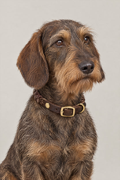Wire-haired dachshund wearing the dark brown braided leather Cloud 7 Central Park Saddle Brown Gold collar