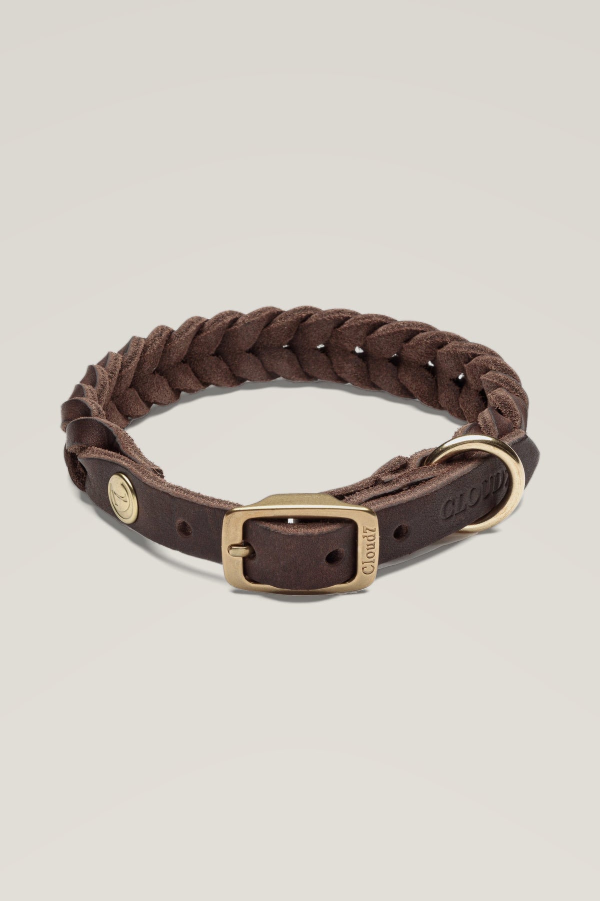 Cloud 7 Central Park braided leather dog collar in saddle brown with brass buckle and D-ring