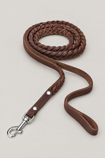 Saddle brown braided leather Cloud 7 Central Park dog leash with hand loop and stainless steel snap hook, coiled front view