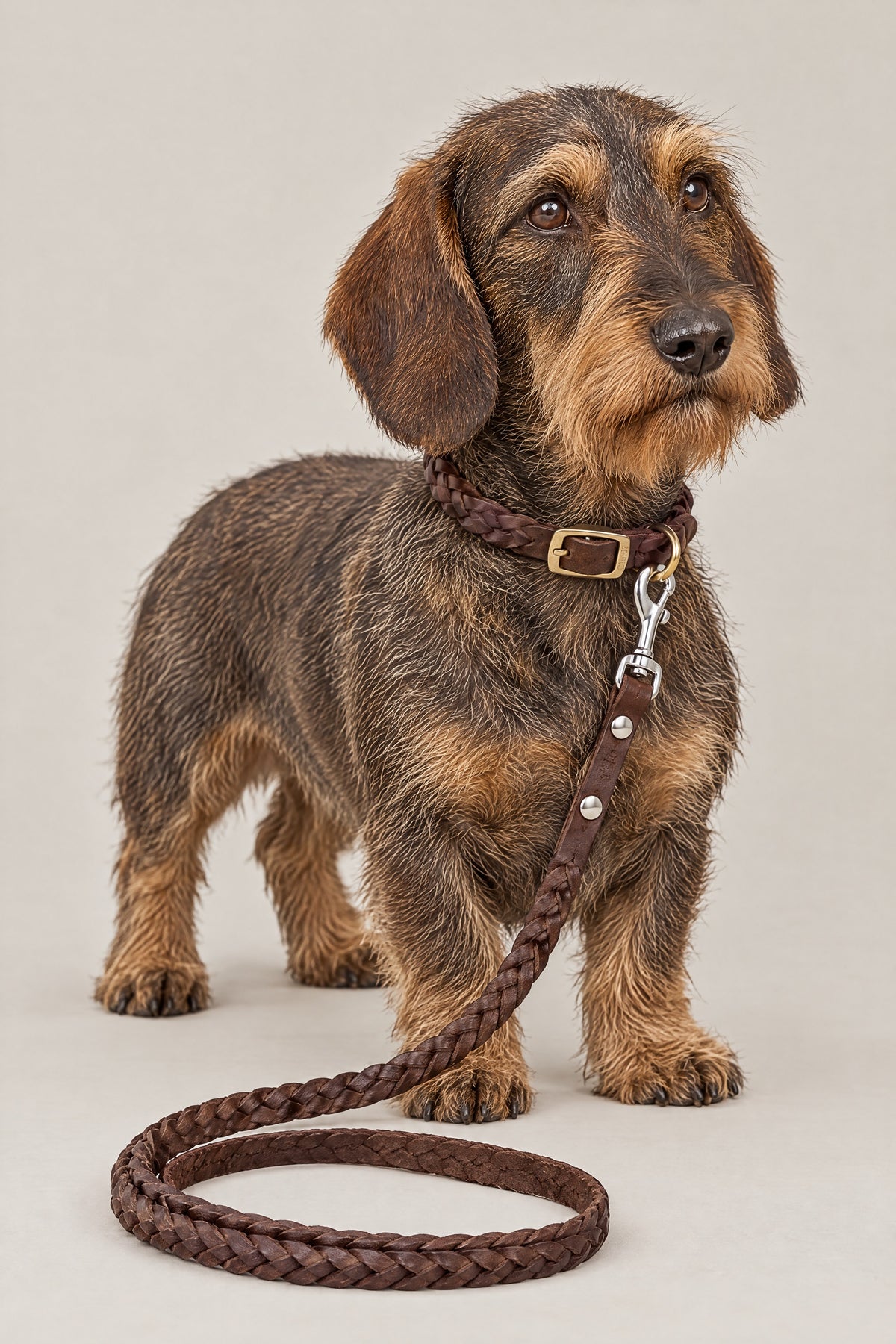 Wire-haired Dachshund wearing the braided Cloud 7 Central Park collar and leash