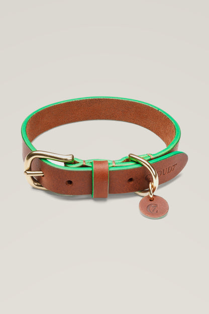 Cloud 7 Kings Park leather dog collar in cognac with green edges, brass buckle and C7 leather tag