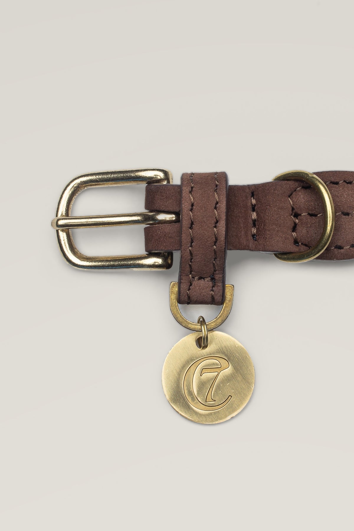 Brass buckle and engraved logo coin of the Cloud 7 Ravello Hazel braided nubuck dog collar, close-up