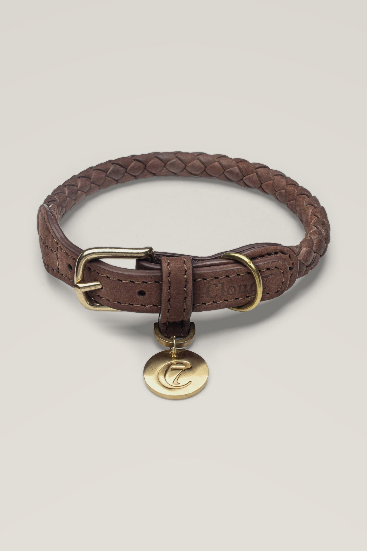 Cloud 7 Ravello round braided nubuck dog collar in hazel brown with brass buckle and logo coin