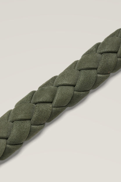 Hand-braided olive green nubuck of the Cloud 7 Ravello Olive dog collar, close-up
