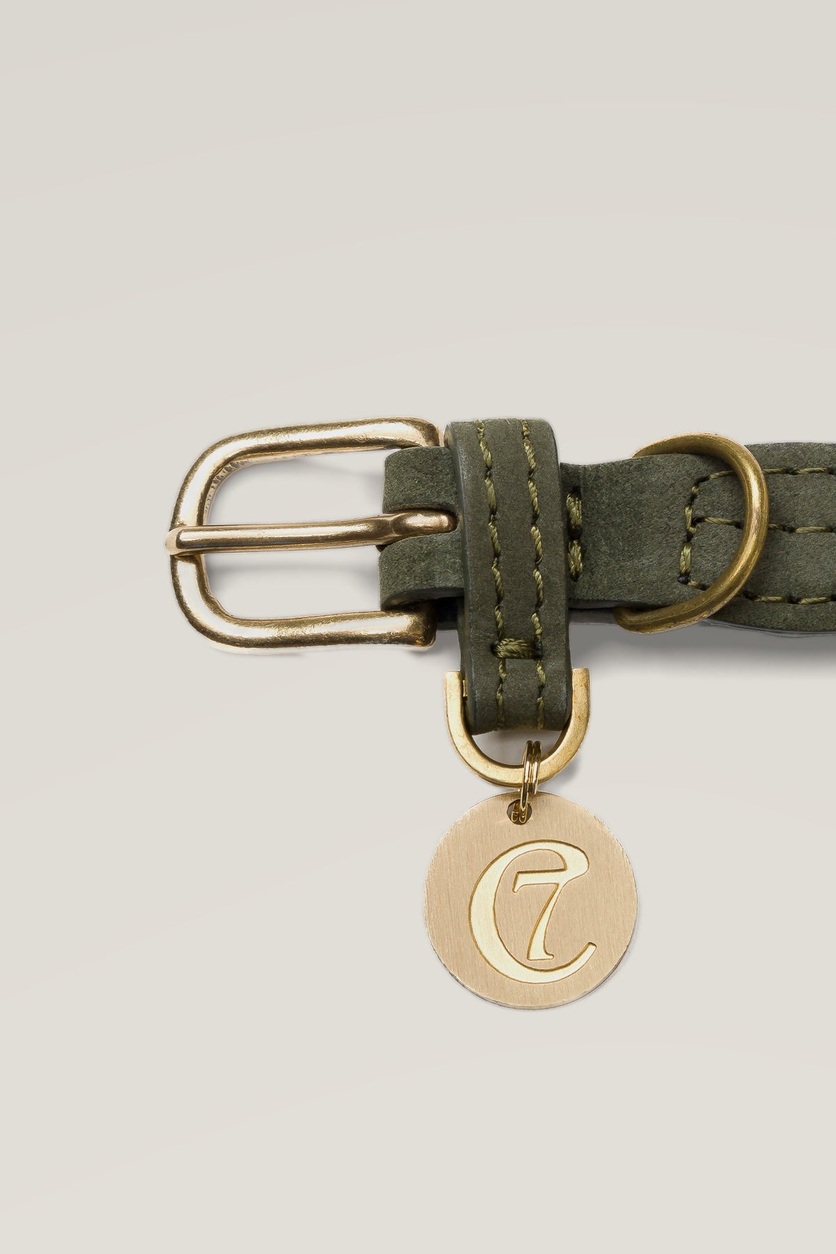 Brass buckle and engraved logo coin of the Cloud 7 Ravello Olive braided nubuck dog collar, close-up