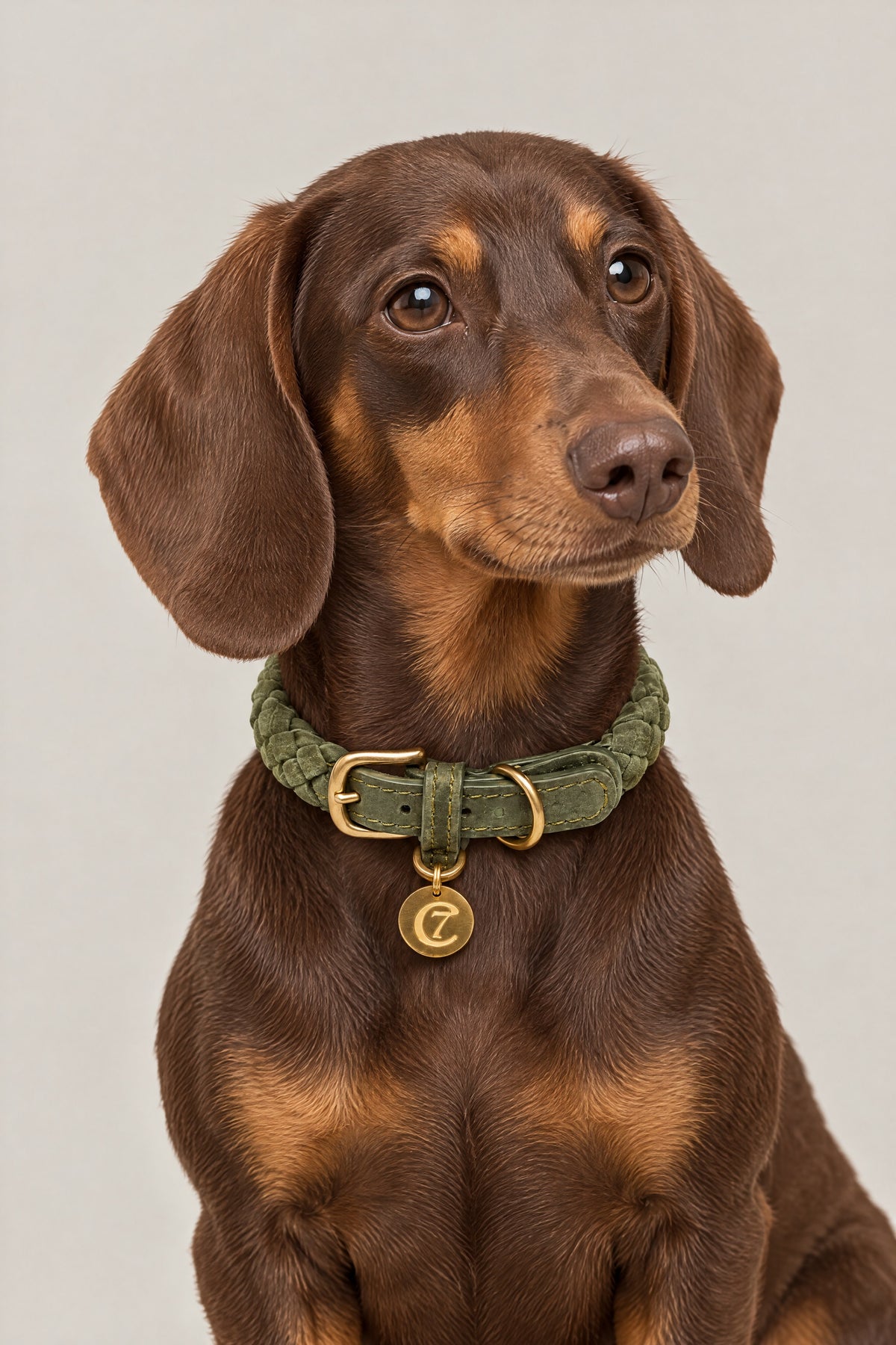 Chocolate and tan dachshund wearing the olive green braided nubuck Cloud 7 Ravello collar with brass logo coin