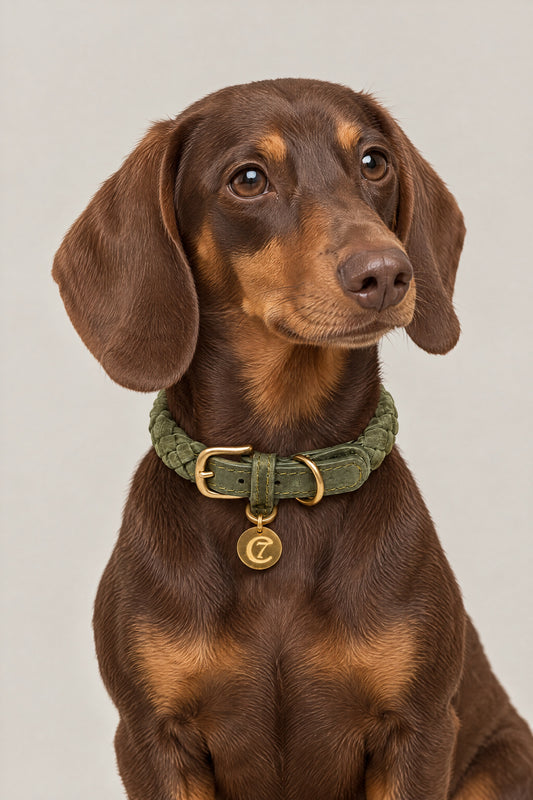 Chocolate and tan dachshund wearing the olive green braided nubuck Cloud 7 Ravello collar with brass logo coin