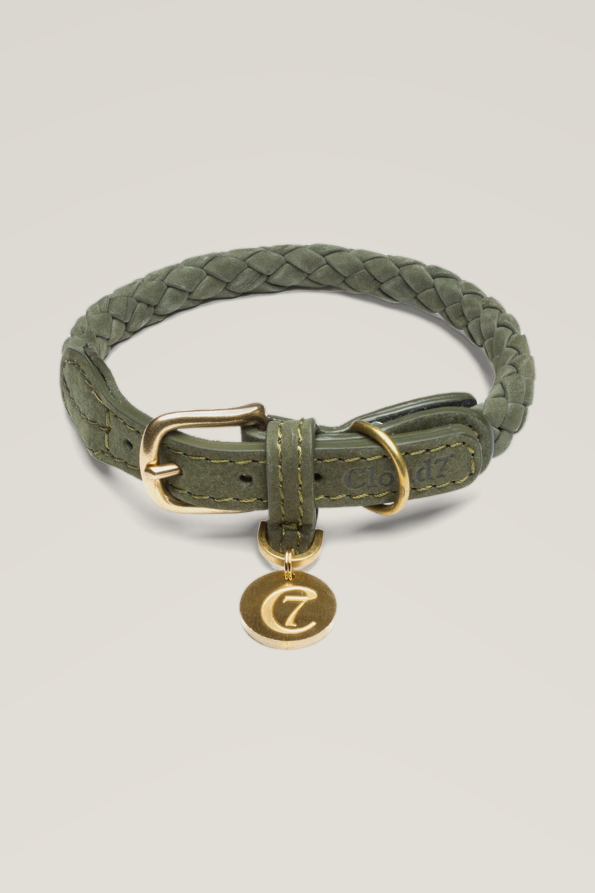Cloud 7 Ravello round braided nubuck dog collar in olive green with brass buckle and logo coin