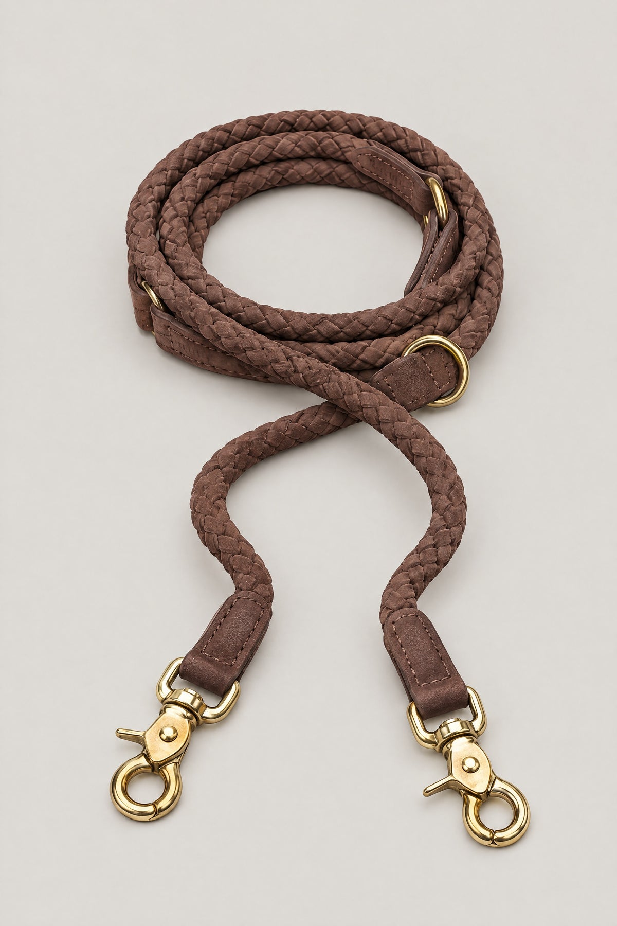 Hazel brown braided nubuck leather Cloud 7 Ravello dog leash with brass snap hooks, coiled front view