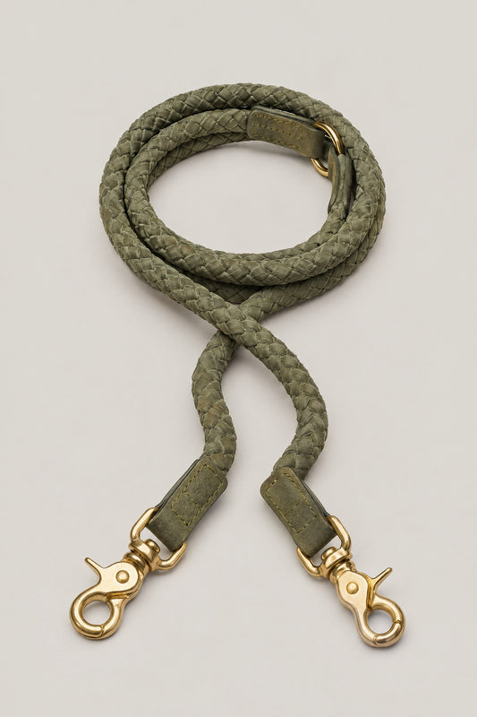 Olive braided nubuck leather Cloud 7 Ravello dog leash with brass snap hooks, coiled front view